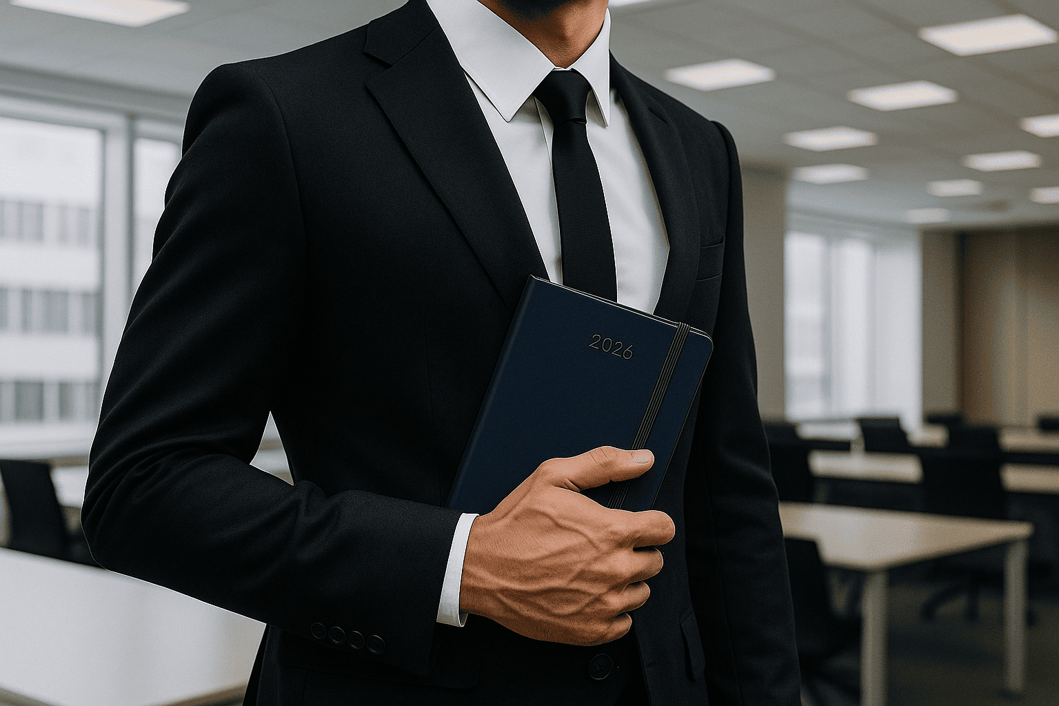 Homme d'affaires avec agenda Moleskine dans la main